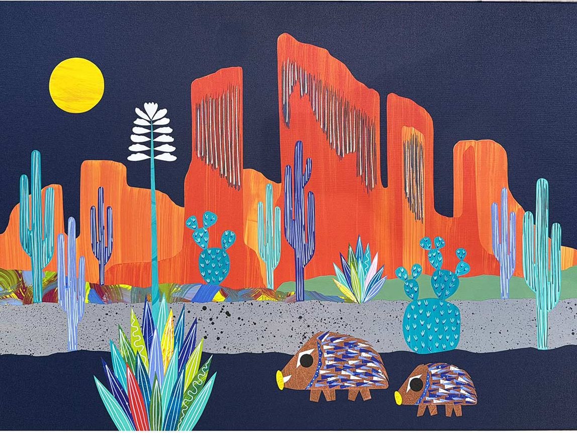 Javelina Journey On — colorful desert collage painting by Lana Nguyen at Creative Gateways Gallery in Sedona