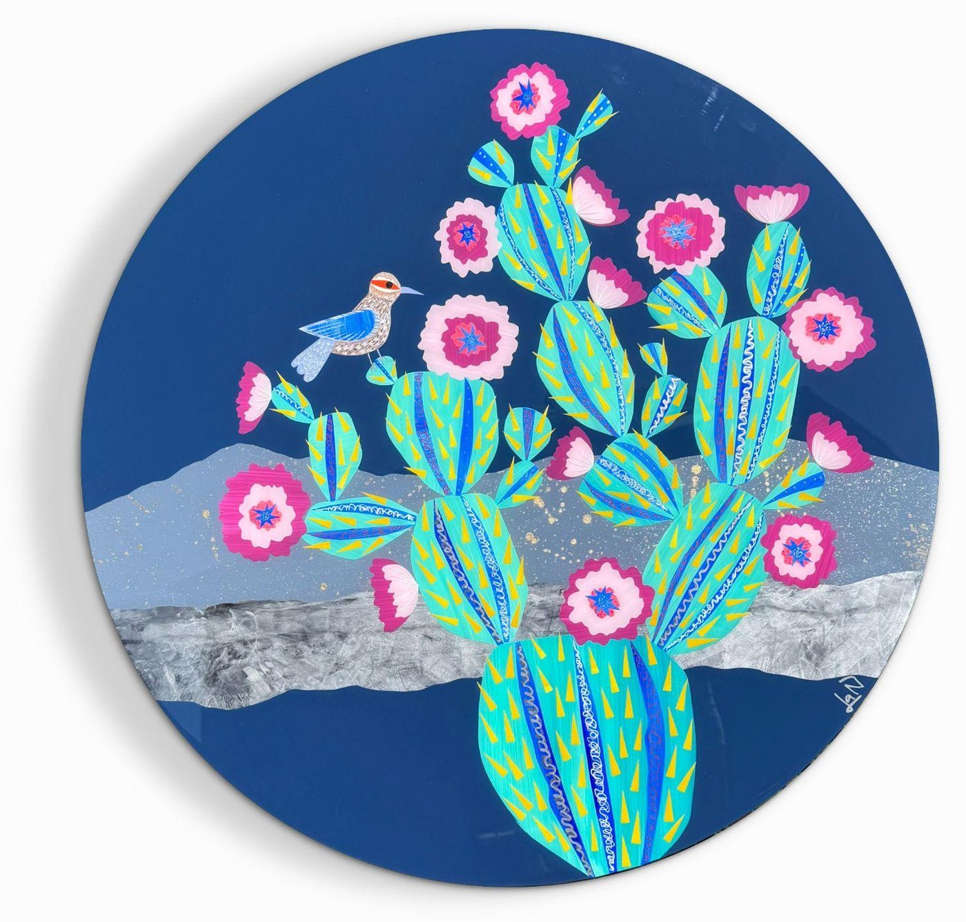 Among the Blooms by Lana Nguyen — blooming prickly pear and desert wildlife, hand-cut paper collage under resin