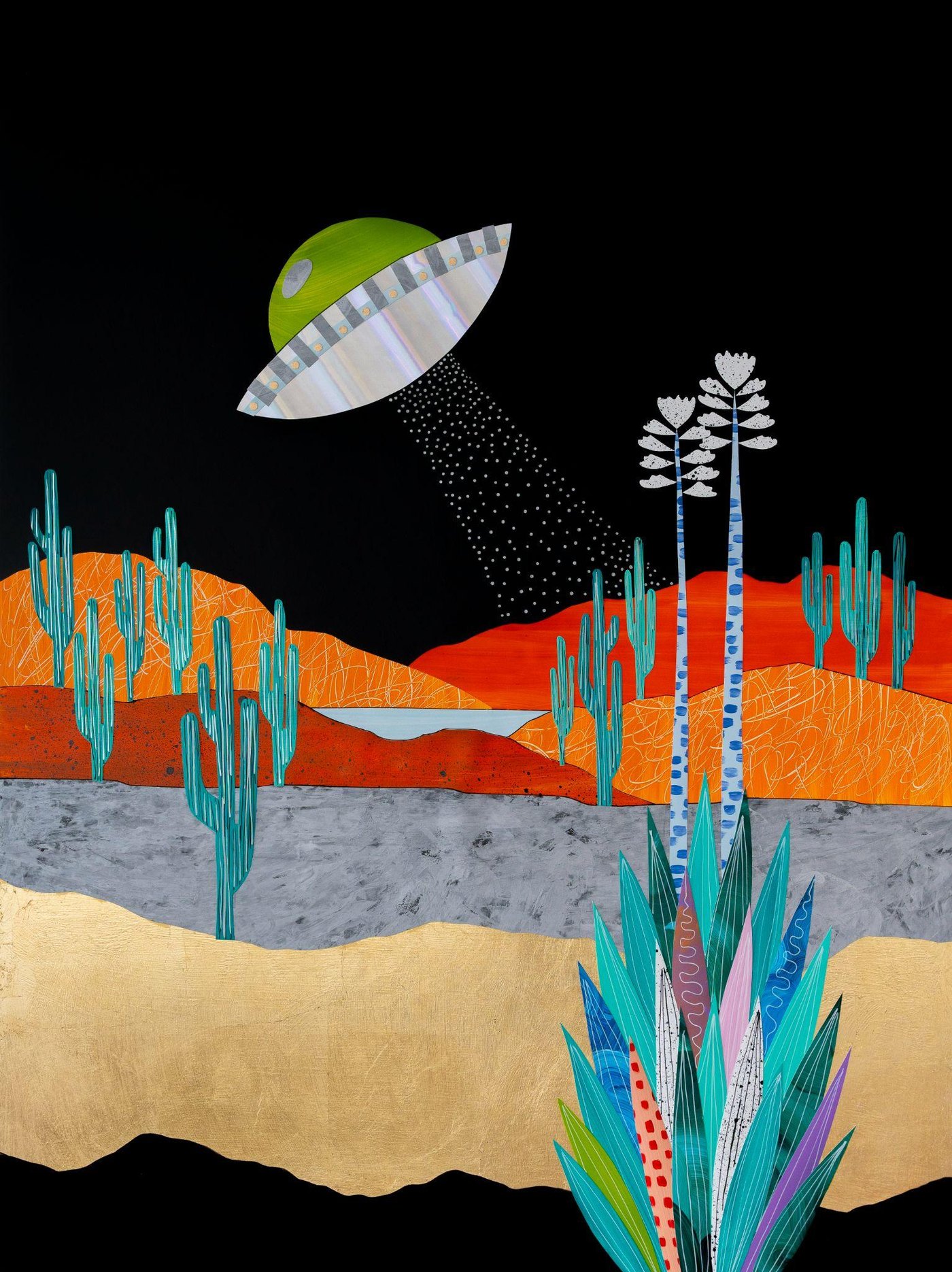 Where Travelers Pause by Lana Nguyen — red-rock buttes under a night sky with an unexpected visitor, paper collage under resin