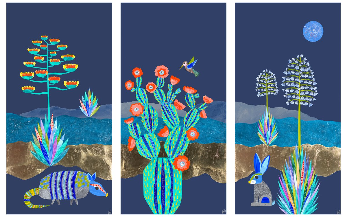 Whispers of the Desert triptych by Lana Nguyen — hand-cut paper collage under resin, Creative Gateways Showroom, Sedona